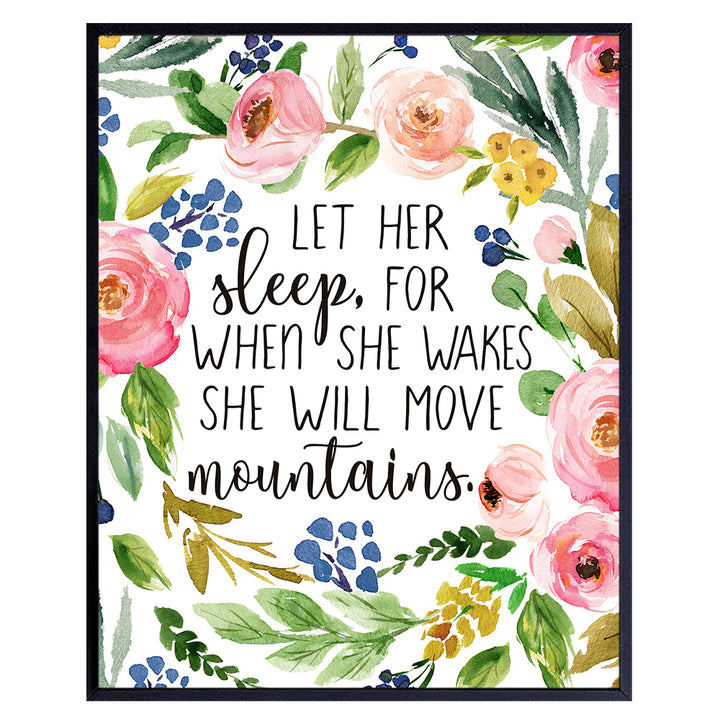 She Will Move Mountains - Let Her Sleep For When She Wakes Wall Art - Christian Wall Art for Women, Girls Room Decor - Religious Gifts Wall Decor - Bible Verse Scripture Bedroom Decor for Women