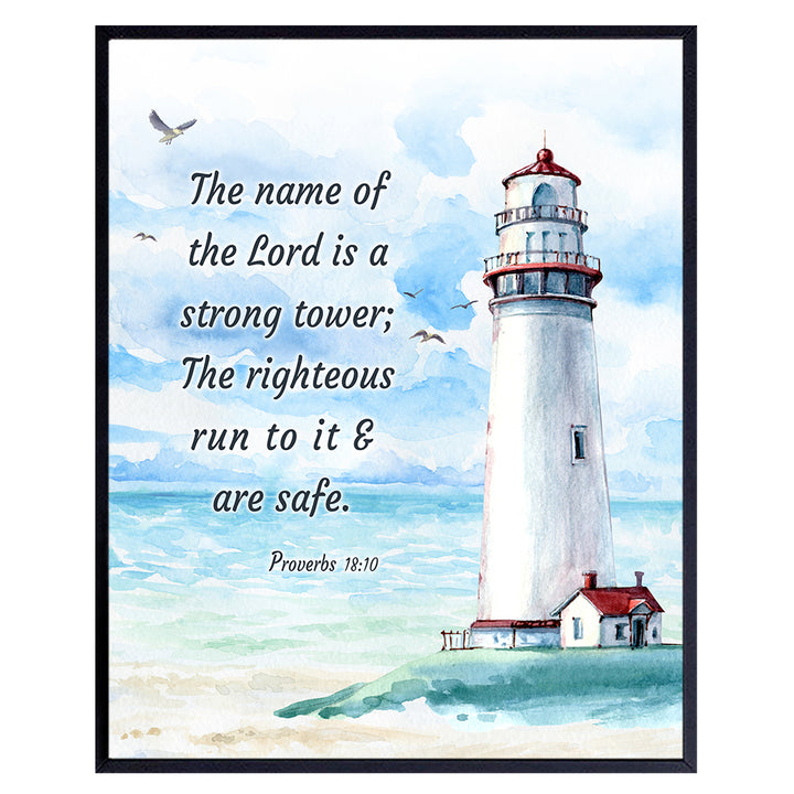 Nautical Lighthouse Religious Wall Art - Christian Scripture Bible Verse Gift - Ocean Home Decoration, Bathroom Decor - Print for Seaside Beach House, Restroom, Living Room, Bedroom - Blue Proverbs