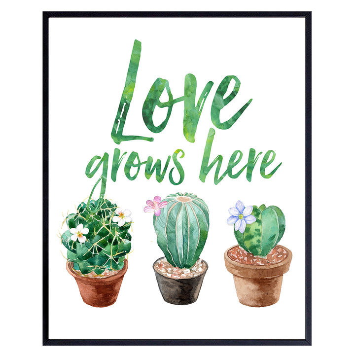 Love Grows Here Sign - Cactus Wall Art - Desert Decor - Cactus Wall Decor - Boho Decor for Bedroom, Living Room, Office, Bathroom - Saguaro Cactus Decor - Sonoran Desert Wall Art - Cactus Blossom