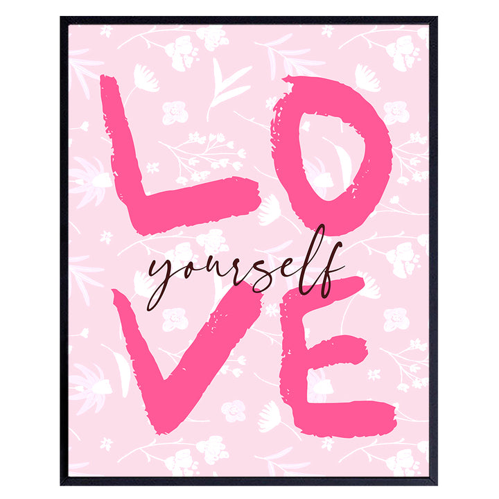 positive Wall Art for Women - Women’s empowerment Inspirational Quotes Wall Decor - Love Yourself - Preppy Room Decor - Pink Retro style Trendy Home Decor - Indy Teen Girls Bedroom Decor Aesthetic