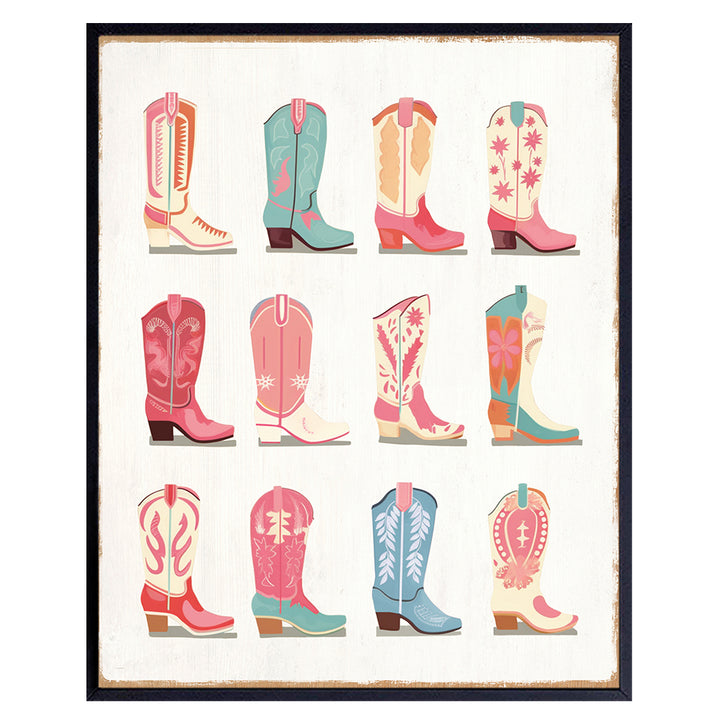 Cowgirl Boots Rustic Wall Decor for Women - Boho Wall Decor, Vintage Farmhouse Wall Art - Pink Living room Decor, Chic Western Wall Decor - Barn Wall Decor, Country Decor - Home Decor Aesthetic