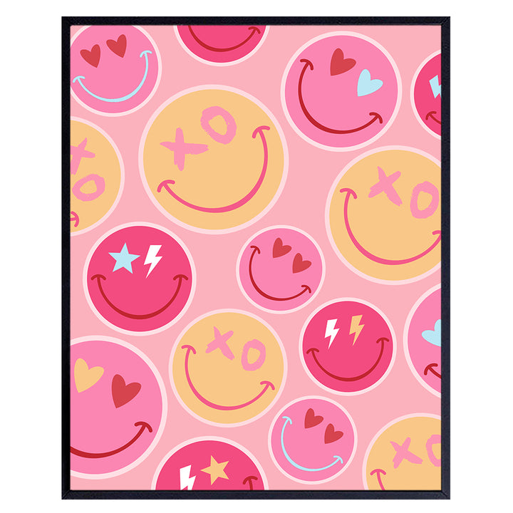 Smiley Face Wall Art Poster 8x10 - Yellowbird Art & Design Pink Yellow Retro Smile Preppy Wall Art & Decor - Contemporary art Aesthetic Indie Trippy Home Decor print - Girls Bedroom Decor UNFRAMED