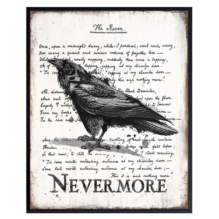 The Raven Wall Art & Decor - Nevermore - Edgar Allan Poe Gift - Goth Room Decor - Gothic Home Decor - Creepy Poem Poetry Wall Art - Vintage Rustic Decoration - Retro Style Poster Print 8x10 UNFRAMED