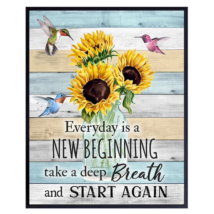 Inspirational Wall Art & Decor - New Beginnings Hummingbirds Sunflowers Rustic Boho Family Wall Art - Inspiration Saying Quotation - Positive Quotes Wall Decor - Encouragement Gifts for Women Woman