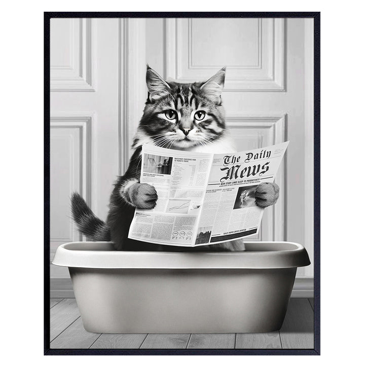 funny Bathroom Wall Decor - Cute Cat Wall Art & Decor - Grey Gray Bathroom Decorations - Black and White small Bathroom Pictures Accessories - Cat Mom - Cat Stuff - Tabby cat Poster - Cat Lover Gifts