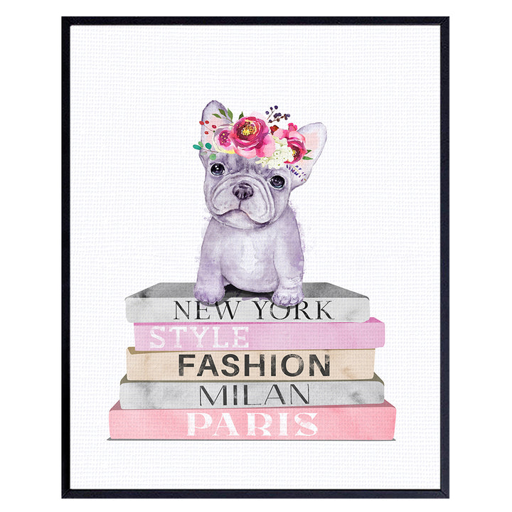 Toddler Little Girls Bedroom Decor - Puppy Dog Fashionista Fashion Design Bling Designer Wall Art - Boston Terrier French Bulldog Pink Girls Room Living room Wall Decor for Women Nursery Office - 8x10