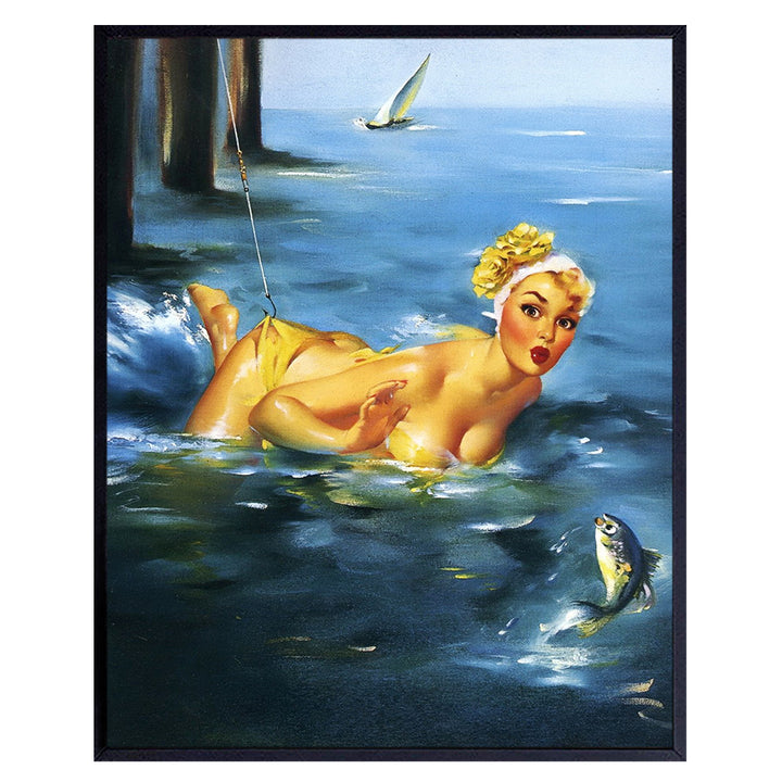 Fish Wall Art Decor - Beach House Decor - Fishing Fisherman Gifts for Men - Funny Pinup Girl - Retro Vintage Lake House Poster - Freshwater, Saltwater Fishing - Living Room, Bedroom Home Decorations