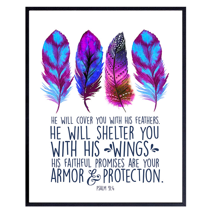 He Will Cover You With His Feathers Wall Art - Psalm 91 - Religious Scripture Bible Verse Wall Decor - Inspirational Christian Gifts for Women, Girls - Spiritual Home Decoration for Living Room