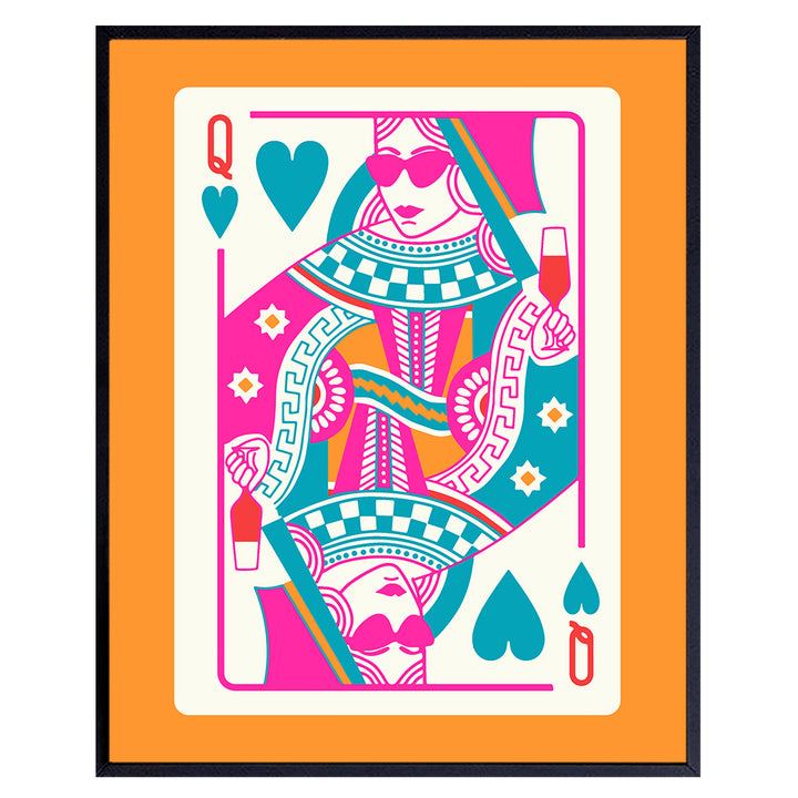 Queen of Hearts Preppy Room Decor - Queen O Hearts Cute Trendy Aesthetic Wall Decor for Women - Funky Blue Pink Orange Bar Decor - 70’s Retro Chic Home Decor - Maximalist Bedroom Living room Wall Art