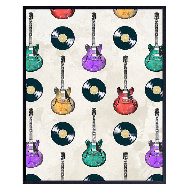 Vintage Music Wall Art & Decor - 80s 90s Retro style Electric guitar Vinyl record Poster - Musician Gift - Guitar Wall Art - Man cave Aesthetics Home Decor - Yellowbird Art & Design 8x10 UNFRAMED