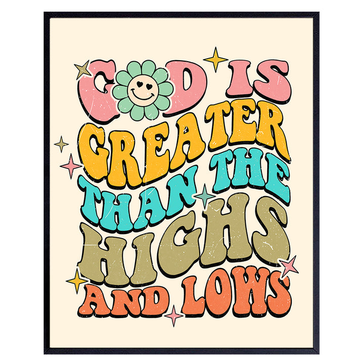 Retro Christian Wall Decor for Women - God is Greater Than The Highs And Lows - Girl Bedroom Boho Wall Art & Decor - Religious Gifts for Woman, Teens - 70s Scripture Bible Verse spiritual Home Decor