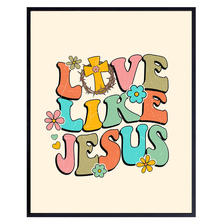 70s Retro Christian Wall Decor - Love Like Jesus Wall Art for Women - Vintage Hippie Flower Power Motivational poster - Bible Verse spiritual Gifts - Faith, Gratitude, Boho Home Decor for Women, Girls