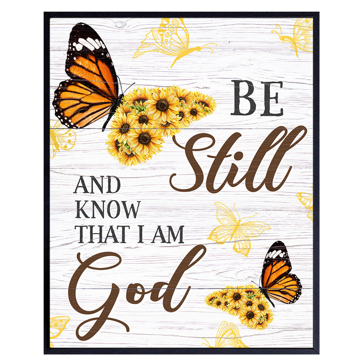 Be Still And Know That I Am God - Psalm 46 - Religious Scripture Bible Verse Wall Decor Sign - Christian Gifts for Women - Inspirational Country Farmhouse Rustic Sunflower - Boho Butterfly Wall Art