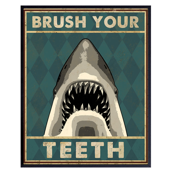 Boys Bathroom Wall Art & Decor - Brush Your Teeth Kids Bathroom Decor - Beach Bathroom Decor - Funny Shark Bathroom Decor - Bath Wall Decor - Unique Restroom Sign - Bathroom Pictures Poster Prints