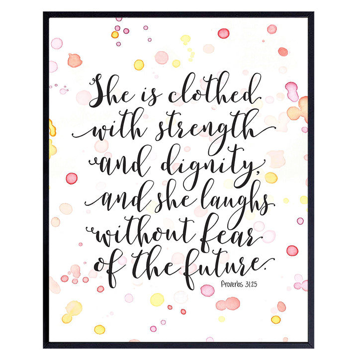 She Is Clothed With Strength And Dignity Wall Art - Proverbs 31 - Scripture Wall Art - Christian Wall Art - Religious Decor - Bible Verse Gifts - Encouragement Gifts for Women - Inspirational Quotes