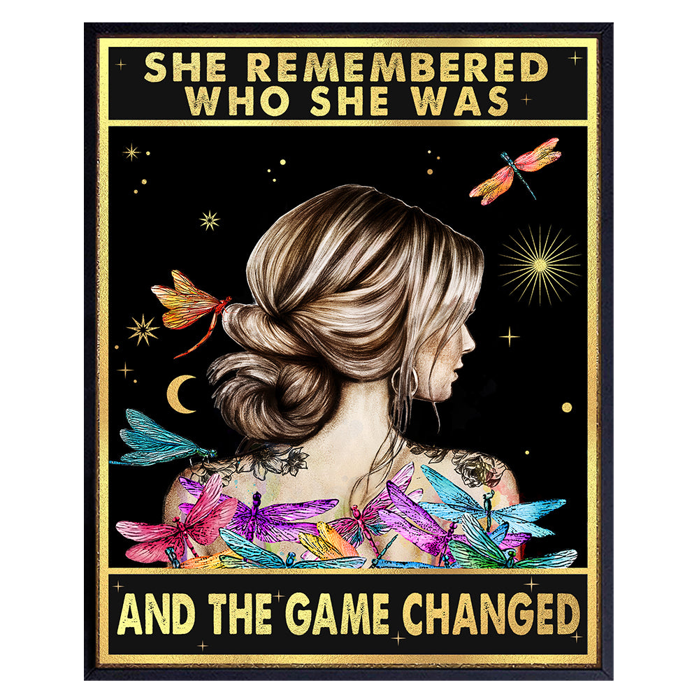 Positive Quotes Wall Decor - She Remembered Who She Was And The Game Changed - Boho Motivational Inspirational Poster - Uplifting Encouragement Gifts for Women - Girls Bedroom Living Room Home Office