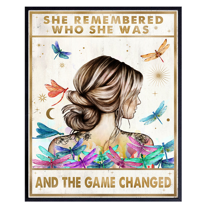 Inspirational Positive Quotes Wall Art Decor - She Remembered Who She Was And The Game Changed - Hippie Boho Motivational Poster - Encouragement Gifts for Women - Rustic Girls Bedroom Home Office