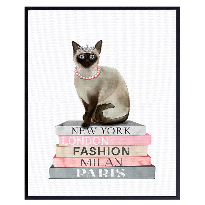 Fashion Design Cat Wall Decor - Poster of Book - Glam Siamese cat Wall Decor for Living room, Bedroom - Glamour Couture Cute Cat Gift for Woman, Girl - Designer Wall decoration