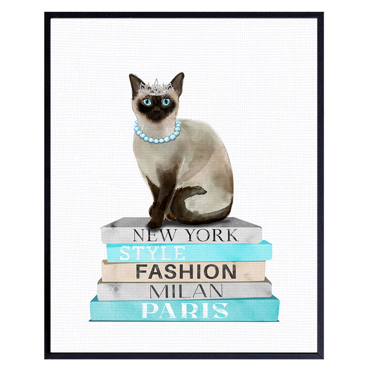 Blue Cat Wall Art & Decor - Poster of Glamour Haute couture Books - Glam Siamese cat Wall Decor for Living room, Bedroom - Cute Fashion Design Cat Gifts for Women, Girls - Designer Wall decoration