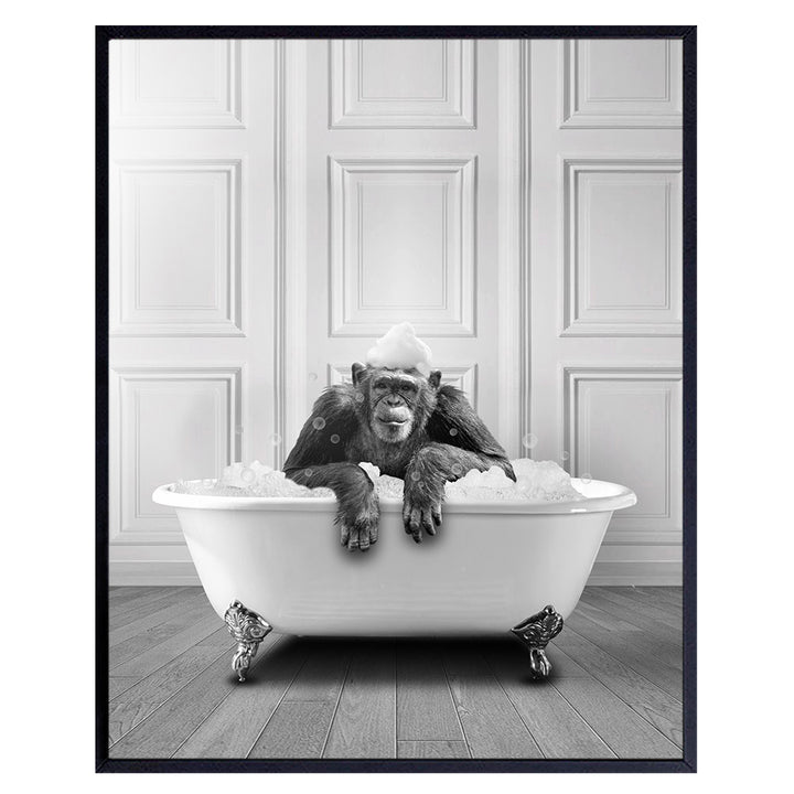 Funny Bathroom Decor for Men, Women - Bath Wall Decor - Chimp Monkey Wall Art - Bathroom Pictures - Cute Modern Bathroom Accessories - Cool Unique Bathroom Sign - Powder Room - Guest Bathroom Poster