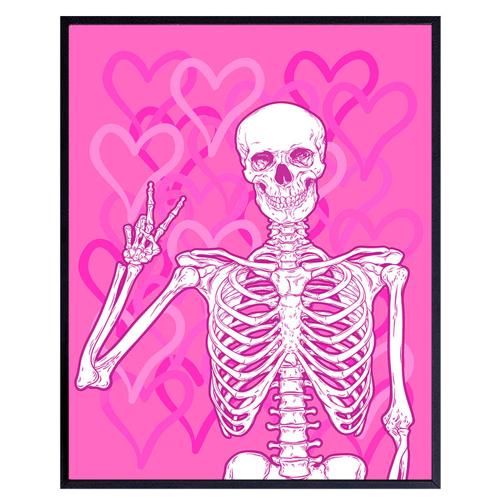 Cute Skeleton Wall Art - Preppy Room Decor Aesthetic - VSCO Pop art Room Decor - Pink Hearts Trendy Room Decor - Yellowbird Art & Design - Dorm Room Girls Bedroom peace sign Decor - Halloween Poster