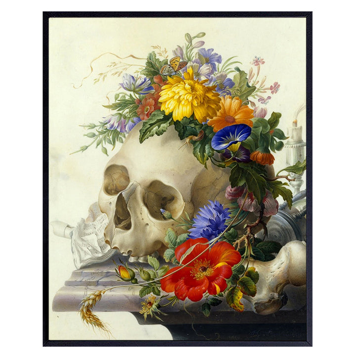 Vanitas Still Life - Skull Wall Decor - Skull Wall Art - Goth Wall Art - Gothic Decor - Gothic Living Room Decor - Floral Skull - Skull Flowers - 8x10 Poster Print Picture