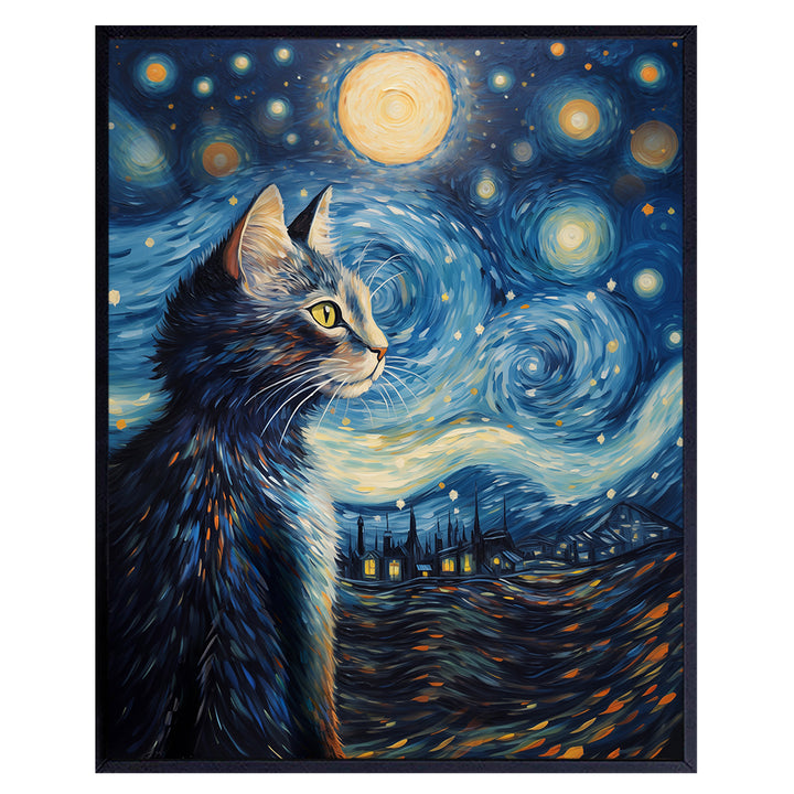 Black cat van Gogh Wall Art - Vincent van Gogh Starry Night - Cute Cat Wall Decor for Cat Mom - Cat Themed Gifts for Women - Cat Decor - Cat Stuff Cat Lover Gifts Cat Room Decor - van Gogh Poster