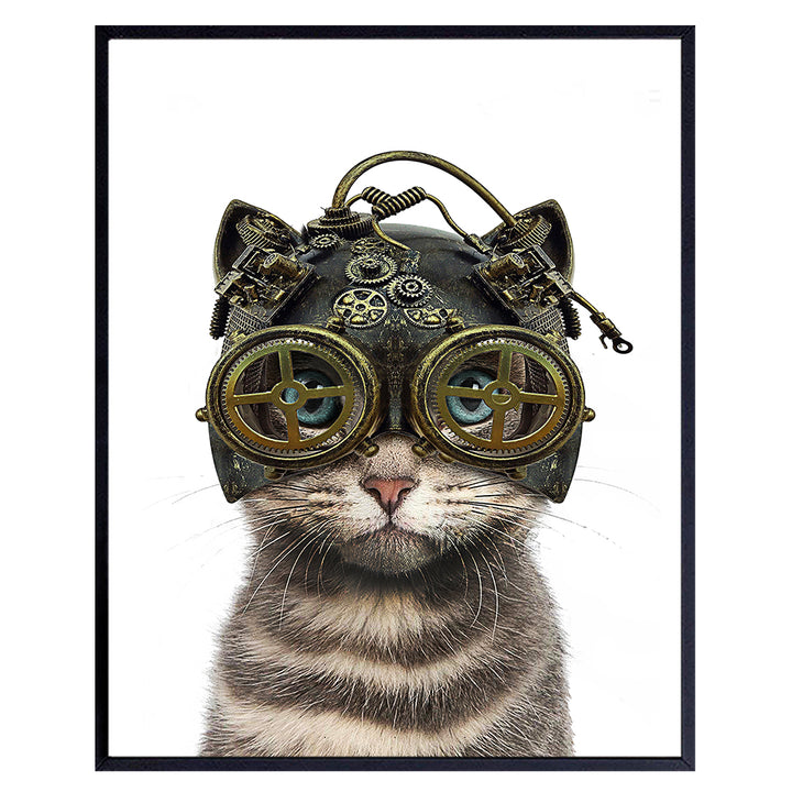 Gothic Steampunk Cat in Goggles, Gears - Cat Wall Art - Steampunk Decor - Gothic Home Decor - Cute Cat Lover Gifts for Kitty Kitten Pussycat Victorian Renaissance Fan - 8x10 Cat Poster Picture