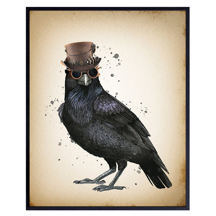 Steampunk The Raven Wall Art - Gothic Edgar Allan Poe Home Decor - Goth Room Decorations - Renaissance Hipster Poster Sign - Accessories for Bedroom, Living Room - Hipster Gift for Men, Women