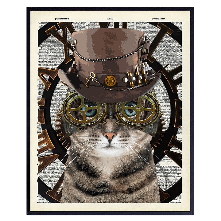 Steampunk Cat Wall Art & Decor - Steampunk Accessories - Gothic Home Decor - Goth Room Decor - Kitty Kitten Cat Lover Gifts - Cat Gifts for Women - Cute Cat Posters for Girls Bedroom, Living Room