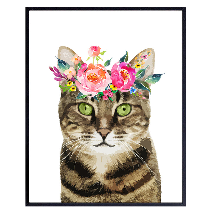 Tabby Cat Wall Art Decor - Kitten, Kitty, Cat Lover Gifts for Women - Cute Floral Wall Art Poster - Adorable Room Decoration for Girls Bedroom, Kids Room, Living Room, Baby Nursery