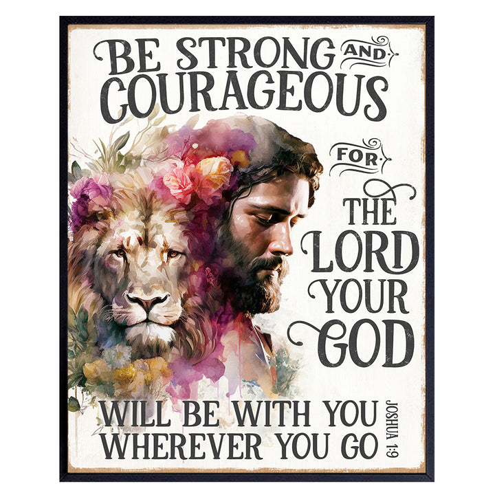 Christian Art Wall Decor for Men - Bible Scripture Gifts for Women, Man cave, Dining, Living Room, Kitchen - Be Strong and Courageous Wall Art - Lion Jesus Poster - Prayer, Psalm, Verse - Rustic Decor