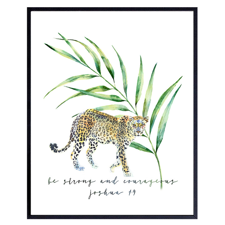 Be Strong and Courageous Wall Art - Leopard Print Wall Decor - Cheetah Decorations - Leopard Print Wall Art - Christian Gifts for Women - Jungle Animals - Inspirational Bible Study Religious Scripture