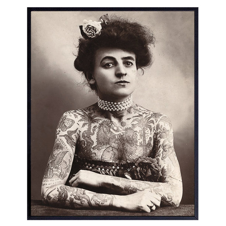 Vintage Circus Photos Wall Art & Decor - Funny Tattoo Woman - Tattoo Studio Decorations Poster Picture Prints - Tattoo Shop Decor - Inked Tattooed Lady Chic - Man Cave - Biker Bar - Garage