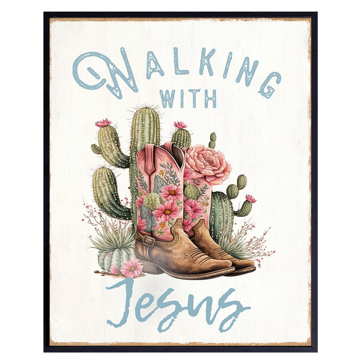 Cowgirl Christian Wall Decor for Women - Country Western Wall Decor - Jesus Wall Art - Bible Verses Wall Decor - Rustic Farmhouse Kitchen, Family room, Living room - Inspirational Christian Gifts