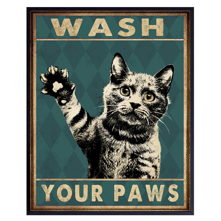 Funny Tabby Cat Bathroom Decor - Wash Your Hands Sign Bathroom Decor- Cat Wall Art - Bathroom Wall Art- Bath Wall Decor - Guest Bathroom - Restroom Sign Decorations - Powder Room - Cat Gifts for Women