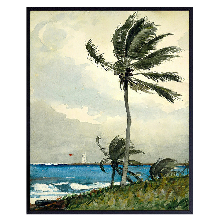 Palm Tree Coastal Wall Decor - Tropical Nautical Ocean Seascape Art for Bathroom, Living Room, Bedroom, Beach House - Gift for Sea Lovers - Vintage Winslow Homer Painting - 8x10 Poster Picture