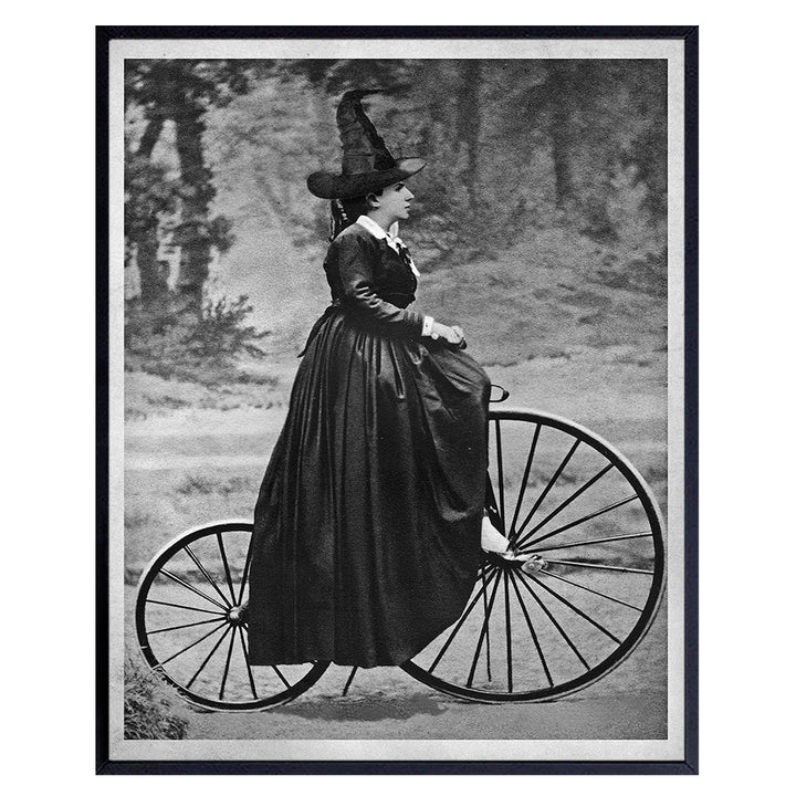 Vintage Witch Room Decor - Pagan Gifts - Wicca Wiccan Witchcraft Supplies Wall Art - Gothic Goth Home Decor - Black Magic Wall Decor - Witchy Room Decor - Witch on Bicycle Print -Halloween Decorations