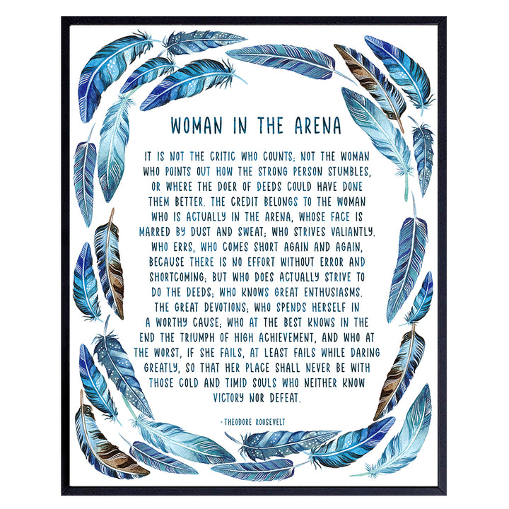 Man In the Arena Wall Art - Inspirational Gifts for Women - Positive Quotes Wall Decor - Motivational Posters 8x10 - Encouragement Gifts for Empowered Women - Blue Boho Bohemian Feather Wall Decor