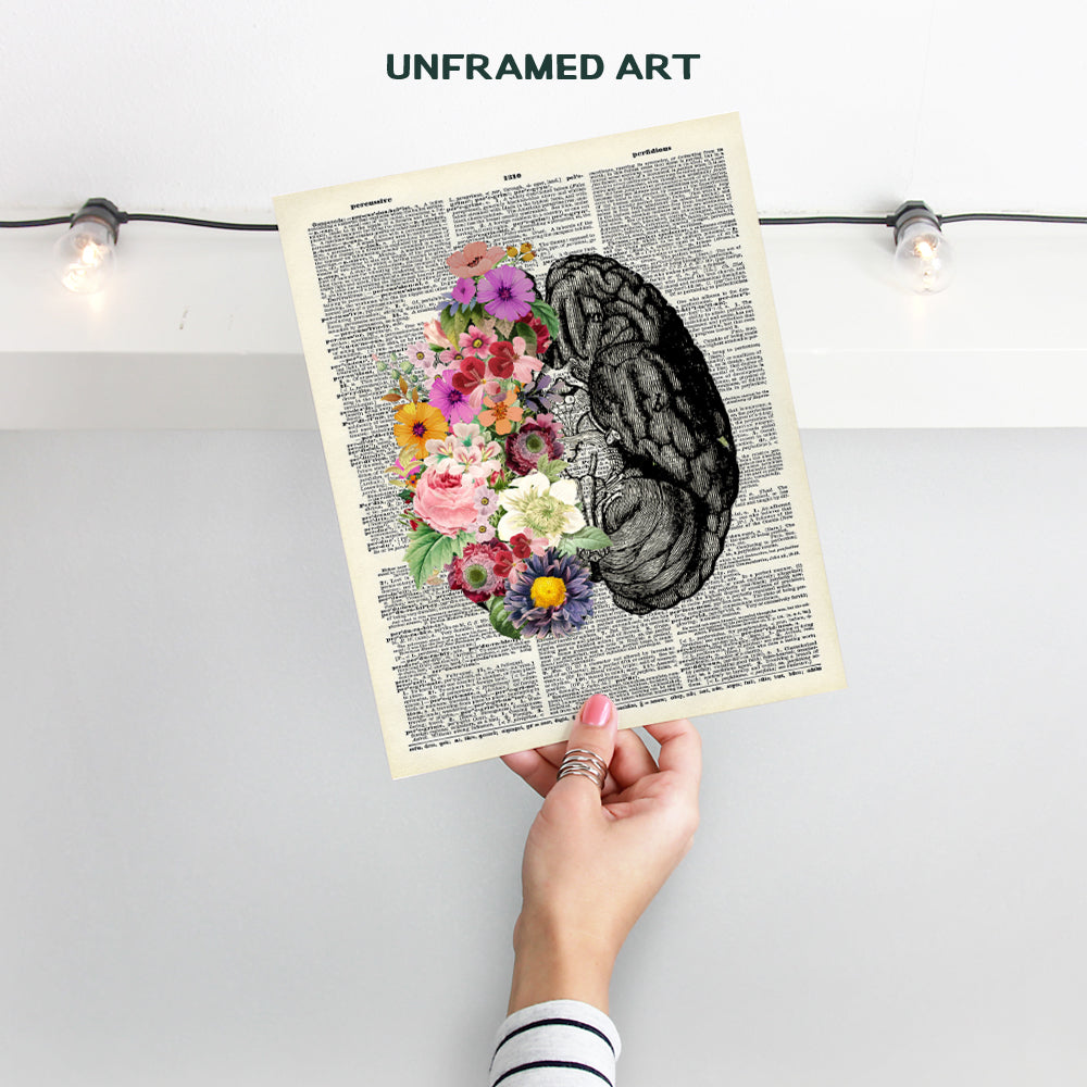 Vintage Flower Brain Dictionary Art - Human Anatomy Poster Home Decor - Shabby-chic Wall Art for Living Room, Bathroom, Womens Bedroom - Aesthetic Eclectic Indie Trendy Room Decor - UNFRAMED