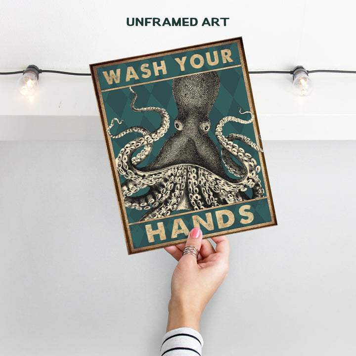 nautical Bathroom Wall Art - Beach Coastal Octopus Bathroom Decor - Wash Your Hands Sign - Funny Bathroom Decorations - Small Bathroom Wall Decor - Cute Restroom Pictures - Powder Room Poster