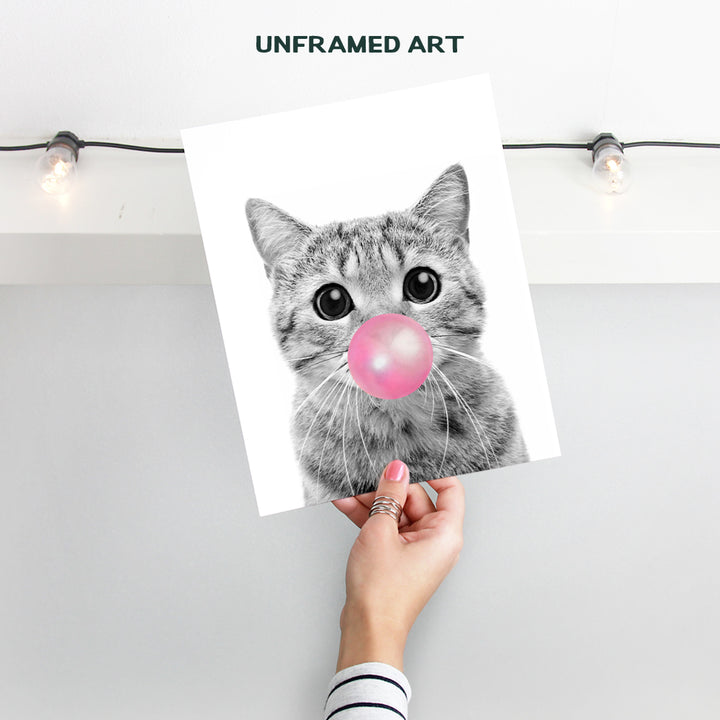 Tabby cat Wall Art - Cute Cat Nursery Wall Decor for Girls Bedroom, Kids Room - Pink Girly Kitty, PussyCat, Kitten Art - Cat Lover Gifts for Women - Adorable Cat Wall Art for Girl - Unframed