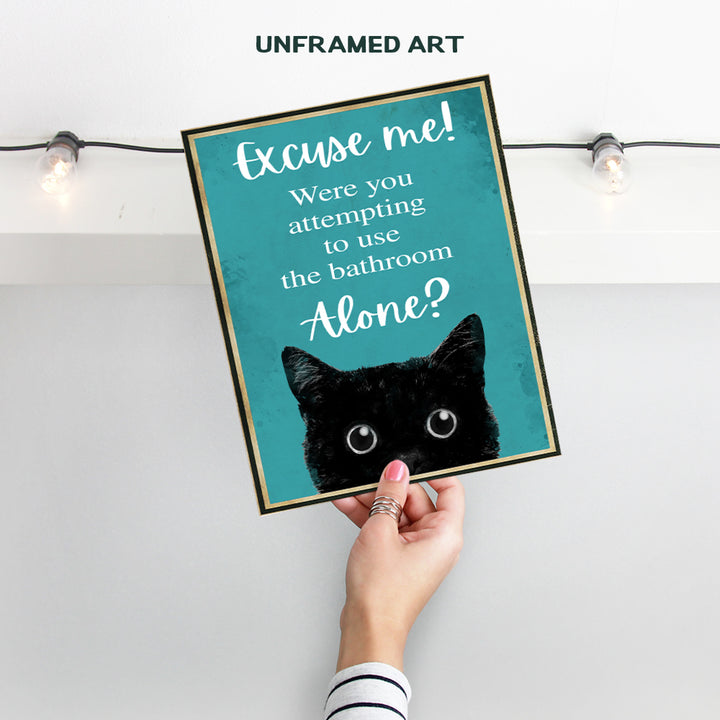 Funny Cat Restroom Sign - Guest Bathroom Decor for Women - Small Bathroom Wall Art - Blue Bathroom Decorations - Unique Powder room Decor - Cute Lover Gifts - Cat Bathroom Wall Decor