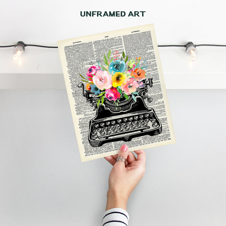 Shabby chic Typewriter Wall Art - Vintage Floral Home Decor for Women, Writer, Teacher, Journalist, Personal Assistant, Secretary - Retro Living room Bedroom Wall Decor - Unique Gift Idea