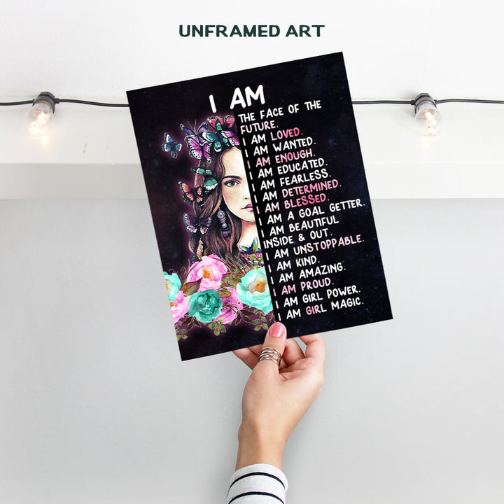 Tween Girl Inspirational Wall Art - I Am - Teen Girl Room Decor - Motivational poster for Little Girl Bedroom Decor - positive affirmation Wall Decor - Quotes for Girl Room Decor - Unframed