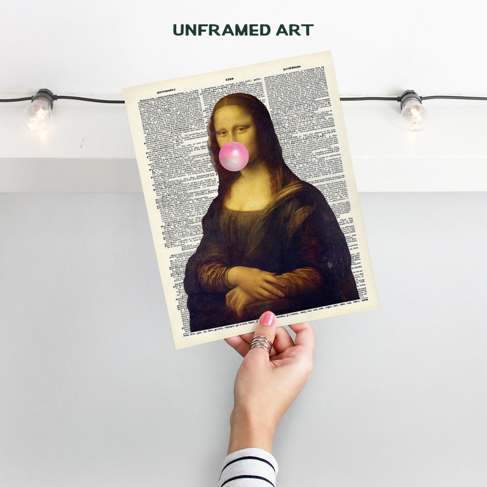 Mona Lisa Bubble Gum Art - Bedroom, Living room Wall Decor - Trendy Preppy Room Decorations, Home Decor - Great Gift Idea - Funny Wall Art Poster - Leonardo DaVinci Dictionary Art - UNFRAMED