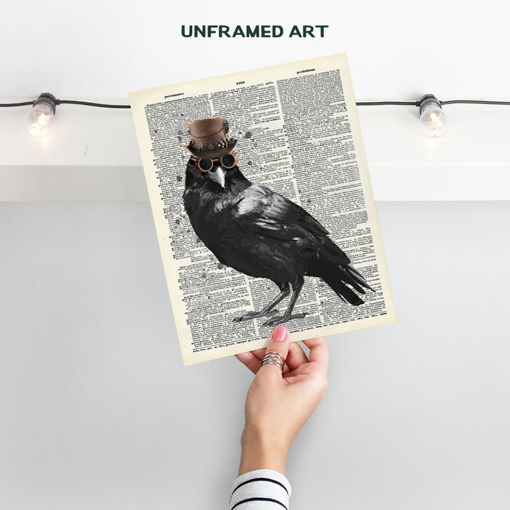 Edgar Allan Poe Gothic Steampunk Raven Wall Art - Renaissance Hipster Dictionary Print for Gothic Home Decor - Spooky Gothic Living Room Accessories - Hipster Gift for Men, Women - Vintage