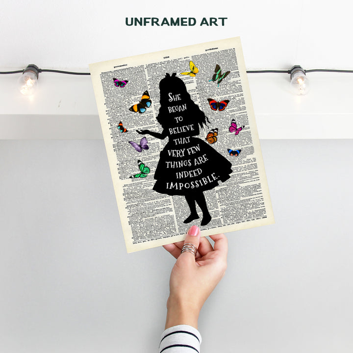 Alice Wonderland Quote Upcycled Dictionary Wall Decor Print - 8x10 Home Art Poster - Unique Room Decorations for Bedroom, Office, Girls or Kids Room - Unique Gift - Unframed Photo