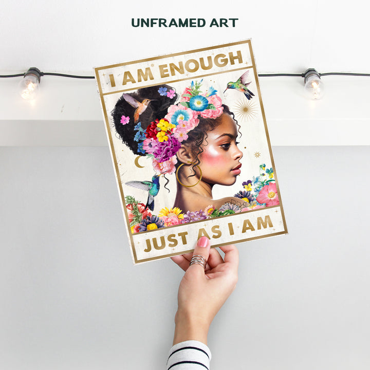 Inspirational quote Black Girl Art - Motivational quote African American Wall Art - positive Wall Decor for Black Women - I Am Enough Black Girl Magic Bedroom Poster - Inspiring Quotes Wall Decor