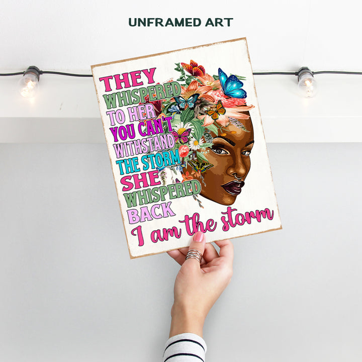 Inspirational Quotes African American Art for Women - Black Girl Wall Art, Wall Decor - She Whispered Back I Am The Storm - Black Art positive Affirmations Posters for Women, Teen, African Americans